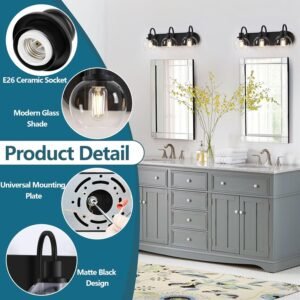 71k_vF8ut6L._AC_SL1500.jpg Bathroom Vanity Light,Modern 3-Light Bathroom Lighting Fixtures Over Mirror with Clear Glass Shade and Metal Base,Matte Black Bathroom Lighting