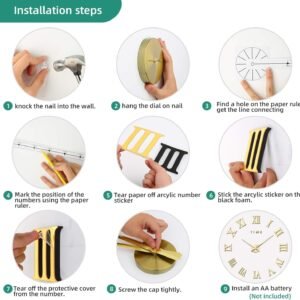 VREAONE Large 3D DIY Wall Clock, Giant Roman Numerals Clock Frameless Mirror Big Wall Clock Home Decoration for Home Living Room Bedroom Wall Decorations(Gold)