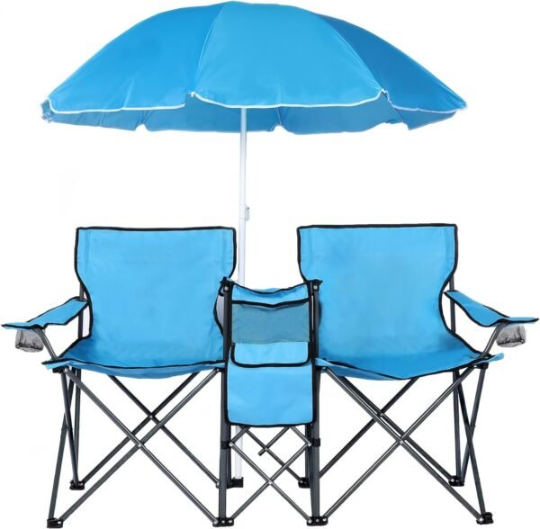 Double Folding Camping Chair W/Umbrella Fold Up Table Beverage Holder Carrying Bag Cooler for Patio Pool Park Outdoor Beach, Picnic, Portable (Grey)