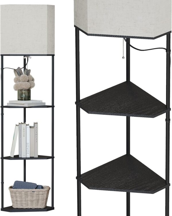 Floor Lamp with Shelves, Modern Square Standing Lamp with 3 Color Temperature Bulb, Corner Display Bookshelf Lamp for Living Room and Bedroom(Black)