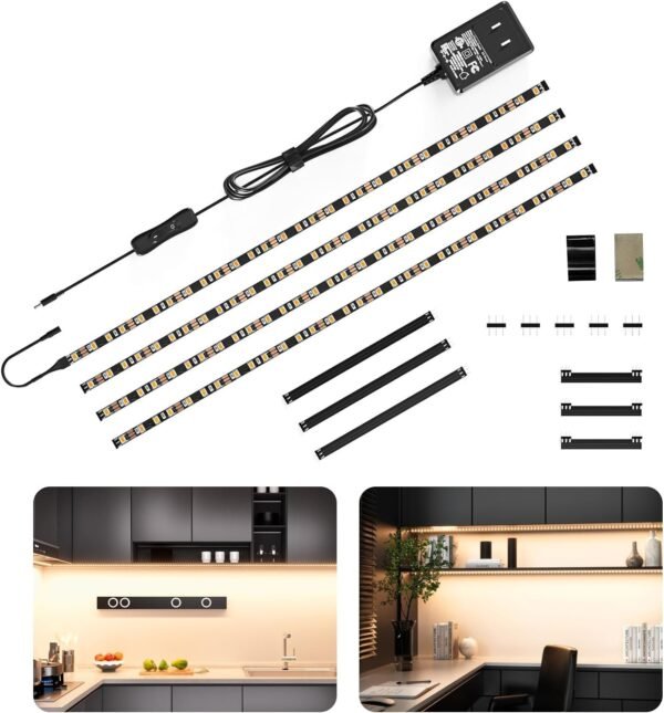 71lIOgEvSeL._AC_SL1500.jpg WOBANE LED Cabinet Lights, 4 PCS 20inch LED Strip Lights Kit, Under Counter Lighting for Kitchen, Under Desk, Shelf, Display Case,Furniture, 120 LEDs, 1200 Lumen, 4000K Natural White