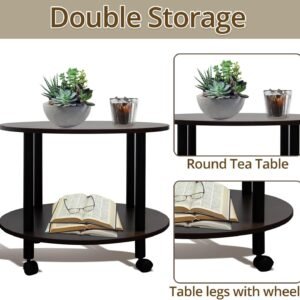 71lOJEsihKL._AC_SL1500.jpg JIFULI Coffee Table with Rolling Base,Black Wooden End Table for Couch,2-Tier Coffee Tables for Living Room,Round