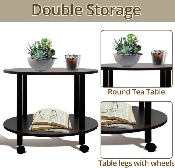 71lOJEsihKL._AC_SL1500.jpg JIFULI Coffee Table with Rolling Base,Black Wooden End Table for Couch,2-Tier Coffee Tables for Living Room,Round