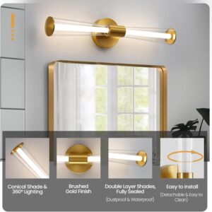 KAISITE Gold Bathroom Light Fixture - Modern Bathroom Vanity Light Dimmable LED Bathroom Sconce Wall Lighting Fixture with Double Layer Shades 13W 4000K 23inch Bath Vanity Light Bar Over Mirror