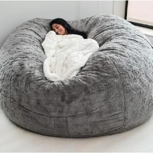 71lgUtKUTsL._AC_SL1500.jpg Giant Fur Bean Bag Chair Cover for Kids Adults, (No Filler) Living Room Furniture Big Round Soft Fluffy Faux Fur Beanbag Lazy Sofa Bed Cover (Light Grey, 5FT)