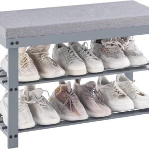 Apicizon Bamboo Shoe Rack for Entryway, 3-Tier Shoe Rack Bench for Front Indoor Entrance, Small Shoe Organizer with Storage, 35.4 Inches, Black