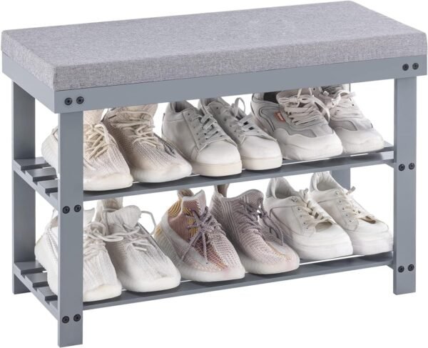 Apicizon Bamboo Shoe Rack for Entryway, 3-Tier Shoe Rack Bench for Front Indoor Entrance, Small Shoe Organizer with Storage, 35.4 Inches, Black