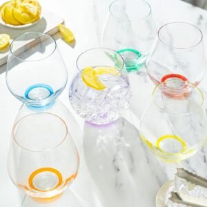BENETI Premium Stemless Wine Glass | Handmade In Europe | 18oz Colored Stemless Crystal Wine Glasses set 6