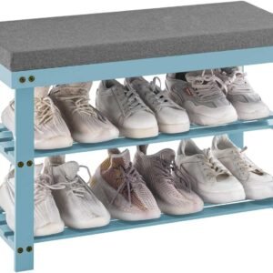 Apicizon Bamboo Shoe Rack for Entryway, 3-Tier Shoe Rack Bench for Front Indoor Entrance, Small Shoe Organizer with Storage, 35.4 Inches, Black