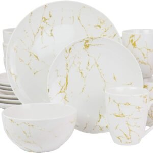 Elama Fine Round Gloss Dinnerware Dish Set, 16 Piece, Black and White Marble