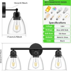 FOLKSMATE 3-Light Bathroom Light Fixtures, Matte Black Modern Vanity Lights, Sconces Wall Lighting with Clear Glass Shade, Wall Mount Lights Wall Lamp