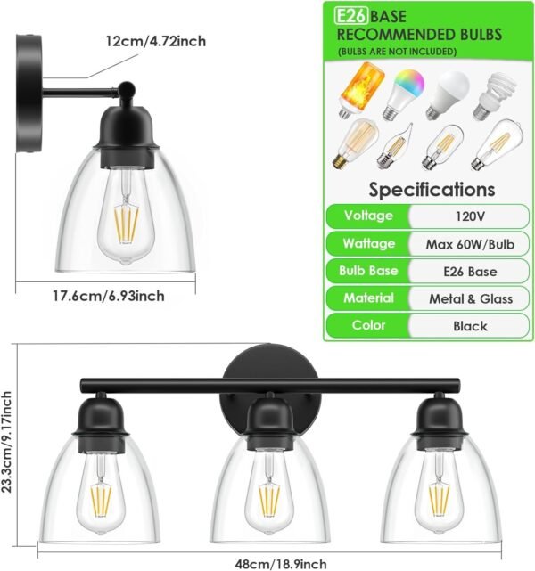 FOLKSMATE 3-Light Bathroom Light Fixtures, Matte Black Modern Vanity Lights, Sconces Wall Lighting with Clear Glass Shade, Wall Mount Lights Wall Lamp