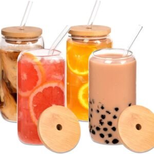 12pcs Glass Cups with Bamboo Lids and Glass Straws Set-16oz Can Shaped Drinking Glasses, Beer Glasses, Iced Coffee Glasses, Cute Tumbler Cup, Ideal for Whiskey,Cocktail,Wine,Gift-2 Cleaning Brushes