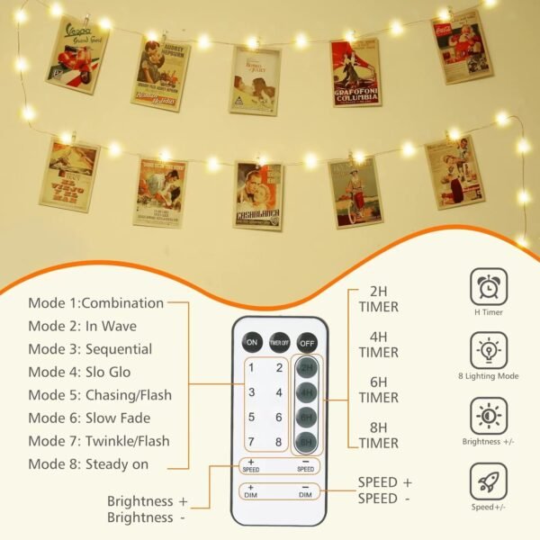 71rC0scdjNL._AC_SL1500.jpg 120 LED Photo Clips String Light with Remote, 40FT Fairy Lights with 52 Clear Picture Clips, Timer & 8 Modes USB Powered Copper Wire Lights for Dorm, Bedroom, Christmas, Party (Warm White)