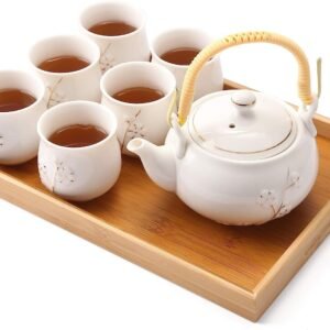 Dujust Japanese White Porcelain Tea Set with 1 Teapot Set, 6 Tea Cups, 1 Tea Tray, 1 Stainless Infuser, Cute Asian Tea Set for Tea Lover/Women/Men (Plum in Golden)