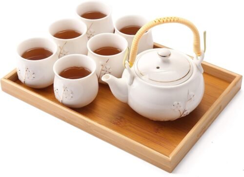 71sEMy110QL._AC_SL1500.jpg Dujust Japanese White Porcelain Tea Set with 1 Teapot Set, 6 Tea Cups, 1 Tea Tray, 1 Stainless Infuser, Cute Asian Tea Set for Tea Lover/Women/Men (Plum in Golden)