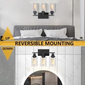 Bathroom Light Fixtures, 3-Light Bathroom Vanity Light, Matte Black Vanity Light with Clear Glass Shade, Modern Bathroom Lights Over Mirror, Vanity Lighting Fixtures for Bathroom, Living Room, Hallway