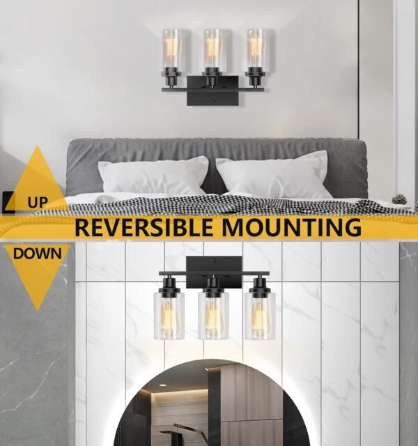 Bathroom Light Fixtures, 3-Light Bathroom Vanity Light, Matte Black Vanity Light with Clear Glass Shade, Modern Bathroom Lights Over Mirror, Vanity Lighting Fixtures for Bathroom, Living Room, Hallway