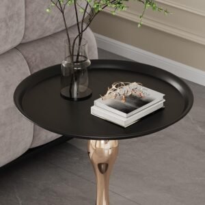 Round Small Metal Side Table, Mid Century End Table, Vintage Pedestal Accent Coffee Table for Small Spaces, Living Room, Bedroom Balcony and Office, Black