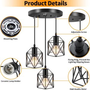 Licperron Industrial 3-Light Pendant Light, Adjustable Kitchen Hanging Ceiling Light Fixtures with Metal Cage, Black Farmhouse Pendant Lighting for Kitchen Island Dining Room Hallway, E26 Base