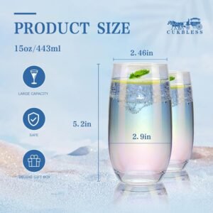 CUKBLESS Iridescent Drinking Glasses Set of 6 - Crystal Highball Water Glasses - Glass Cups for Water, Juice, Beverage, Mojito-15 Oz