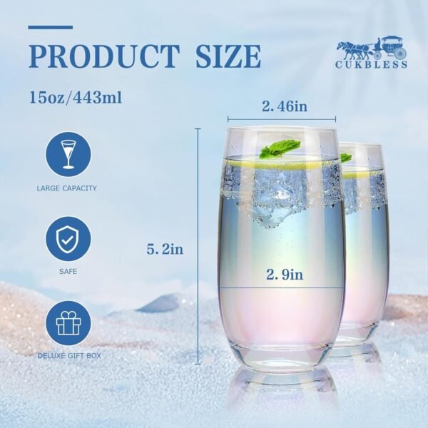 CUKBLESS Iridescent Drinking Glasses Set of 6 - Crystal Highball Water Glasses - Glass Cups for Water, Juice, Beverage, Mojito-15 Oz