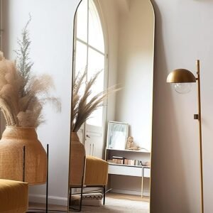 Floor Mirror, 58"×18" Arched Full Length Mirror with Stand, Standing Mirror, Full Body Mirror, Large Mirror, Arched Wall Mirror, Freestanding, Aluminum Frame - Gold
