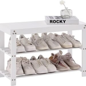 Apicizon Bamboo Shoe Rack for Entryway, 3-Tier Shoe Rack Bench for Front Indoor Entrance, Small Shoe Organizer with Storage, 35.4 Inches, Black