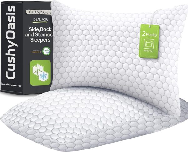Shredded Memory Foam Pillow for Sleeping, Cooling Bed Pillows Set of 2, Adjustable Pillows for Side, Back, Stomach Sleepers with Washable Pillowcase (Queen Size, Grey)
