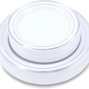 71vKWP6Kj9L._AC_SL1500.jpg 60-Piece Plastic Plates Set Premium 30 Dinner Plates & 30 Salad Plates Pack, Disposable Plates for Party - White Plastic Wedding Plates with Rose Gold Rim