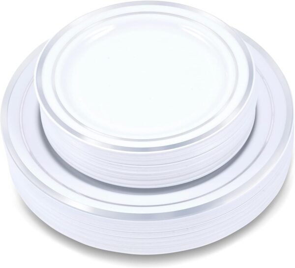 71vKWP6Kj9L._AC_SL1500.jpg 60-Piece Plastic Plates Set Premium 30 Dinner Plates & 30 Salad Plates Pack, Disposable Plates for Party - White Plastic Wedding Plates with Rose Gold Rim