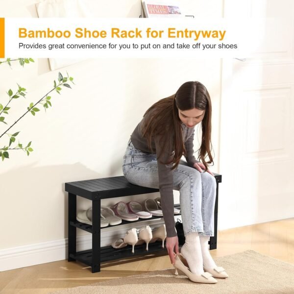 Apicizon Bamboo Shoe Rack for Entryway, 3-Tier Shoe Rack Bench for Front Indoor Entrance, Small Shoe Organizer with Storage, 35.4 Inches, Black