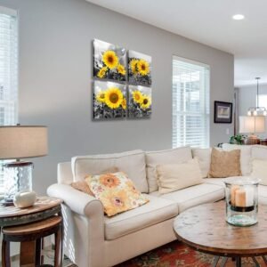 MESESE Wall Art Decor - 4 Panels Sunflower Canvas Wall Art Giclee Modern Home Decoration Watercolor Poster Canvas Picture for Living Room Ready to Hang
