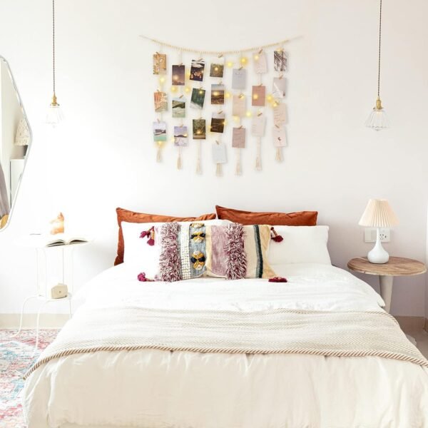 Mkono Macrame Hanging Photo Display Wall Decor with String Lights, Boho Wooden Beads Garland Collage Picture Card Frame Holder with 45 Clips for Bedroom Living Room Dorm, Teen Girl Teenage Gifts
