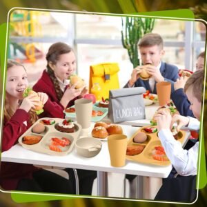 24 Pcs Wheat Straw Dinnerware Cutlery Sets, Kids Toddlers Divided Plates Unbreakable Bowl Microwave Dishwasher Safe Tableware Cutlery Spoon Knife Fork Cup (Orange, Yellow, Beige, Green)