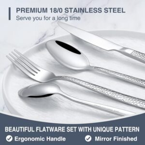 Silverware Set with Organizer, 49 Piece Stainless Steel Hammered Flatware Set for 8, Eating Utensil Sets with Steak knives, Cutlery Tableware Service Include Fork Knife Spoon Set, Mirror Polished