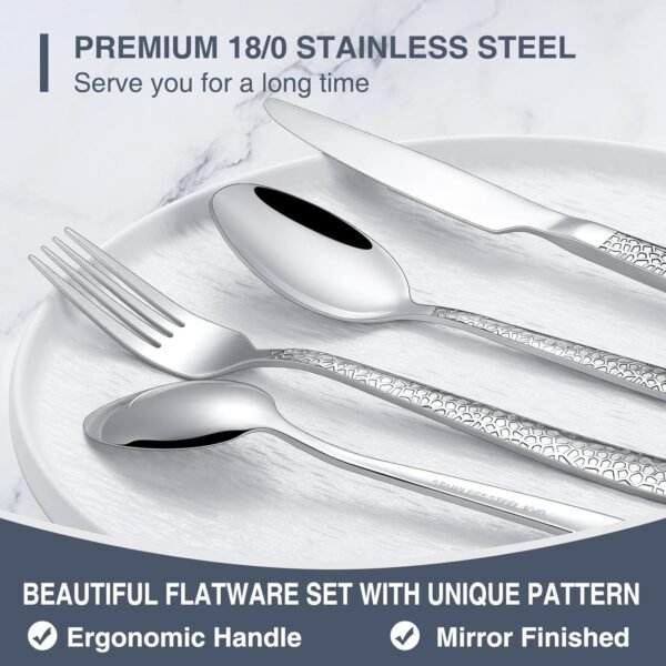 Silverware Set with Organizer, 49 Piece Stainless Steel Hammered Flatware Set for 8, Eating Utensil Sets with Steak knives, Cutlery Tableware Service Include Fork Knife Spoon Set, Mirror Polished