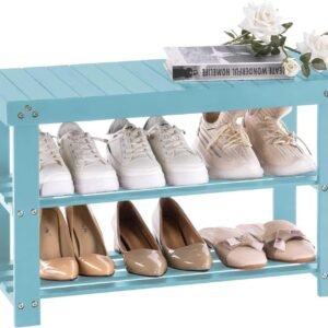 Apicizon Bamboo Shoe Rack for Entryway, 3-Tier Shoe Rack Bench for Front Indoor Entrance, Small Shoe Organizer with Storage, 35.4 Inches, Black