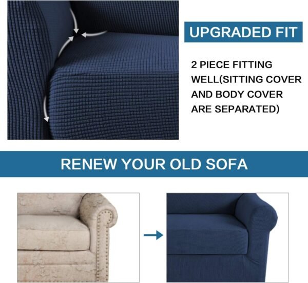 H.VERSAILTEX High Stretch Jacquard 2 Pieces Sofa Cover Couch Cover Furniture Sofa Slip Covers for Living Room, Polyester Spandex Jacquard Fabric Suit for T Cushion/Box Cushion (Sofa 72"-88", Navy)