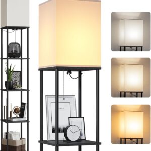 Floor Lamp with Shelves, Modern Square Standing Lamp with 3 Color Temperature Bulb, Corner Display Bookshelf Lamp for Living Room and Bedroom(Black)
