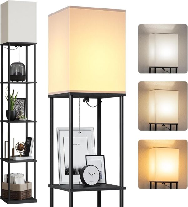 Floor Lamp with Shelves, Modern Square Standing Lamp with 3 Color Temperature Bulb, Corner Display Bookshelf Lamp for Living Room and Bedroom(Black)