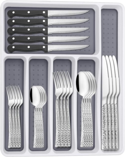 71yg1rqzQSL._AC_SL1500.jpg Silverware Set with Organizer, 49 Piece Stainless Steel Hammered Flatware Set for 8, Eating Utensil Sets with Steak knives, Cutlery Tableware Service Include Fork Knife Spoon Set, Mirror Polished