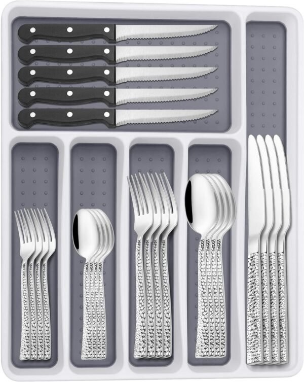 Silverware Set with Organizer, 49 Piece Stainless Steel Hammered Flatware Set for 8, Eating Utensil Sets with Steak knives, Cutlery Tableware Service Include Fork Knife Spoon Set, Mirror Polished