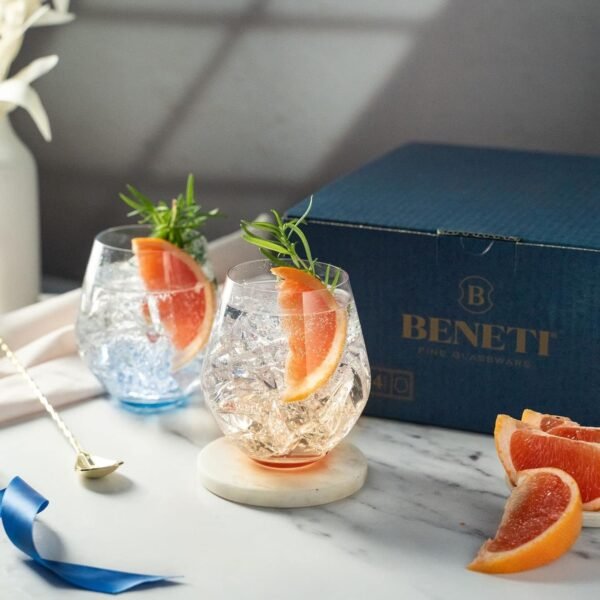 BENETI Premium Stemless Wine Glass | Handmade In Europe | 18oz Colored Stemless Crystal Wine Glasses set 6