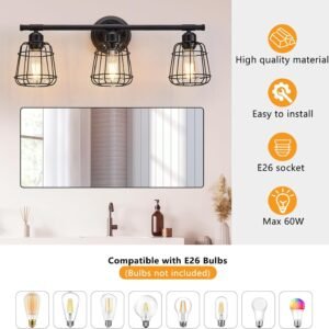 Elibbren 3-Light Bathroom Vanity Light Fixtures Over Mirror, Matte Black Bathroom Lighting Fixtures with Cage, E26 Base Farmhouse Wall Sconces for Bedroom Cabinets Living Room, UL Listed