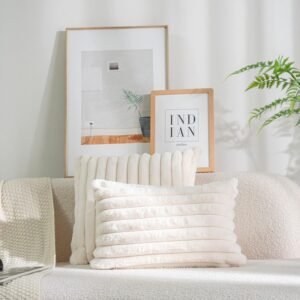 Pack of 2,Double-Sided Faux Fur Plush Decorative Throw Pillow Covers Fuzzy Striped Soft Pillowcase Cushion Covers for Sofa Couch Bedroom White 24x24 inch