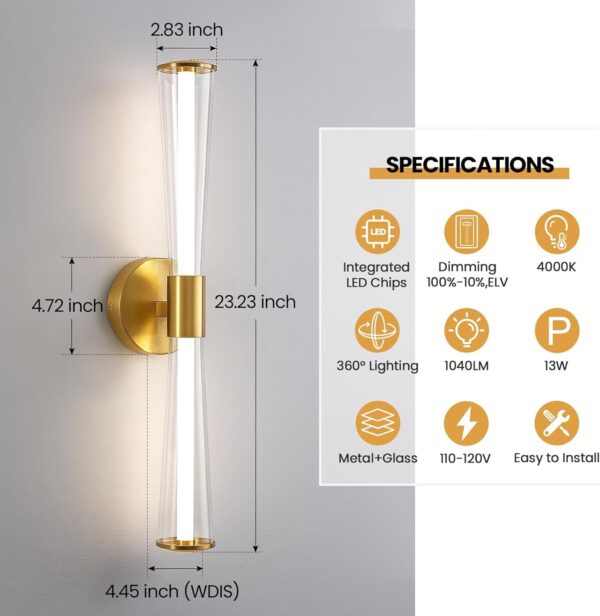 KAISITE Gold Bathroom Light Fixture - Modern Bathroom Vanity Light Dimmable LED Bathroom Sconce Wall Lighting Fixture with Double Layer Shades 13W 4000K 23inch Bath Vanity Light Bar Over Mirror