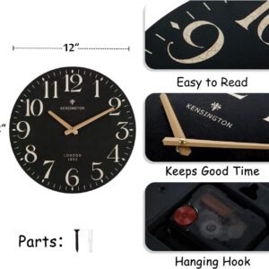 HOME Farmhouse Black Wall Clock - 12 Inch Quartz Battery Operated Vintage Wooden Decorative Silent Analog Clock for Kitchen, Living Room, Bedroom, Office