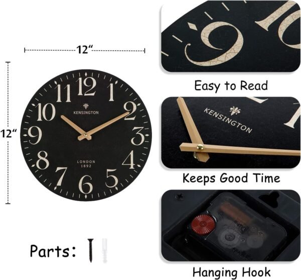 HOME Farmhouse Black Wall Clock - 12 Inch Quartz Battery Operated Vintage Wooden Decorative Silent Analog Clock for Kitchen, Living Room, Bedroom, Office
