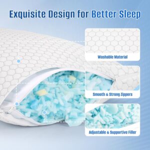 Shredded Memory Foam Pillow for Sleeping, Cooling Bed Pillows Set of 2, Adjustable Pillows for Side, Back, Stomach Sleepers with Washable Pillowcase (Queen Size, Grey)
